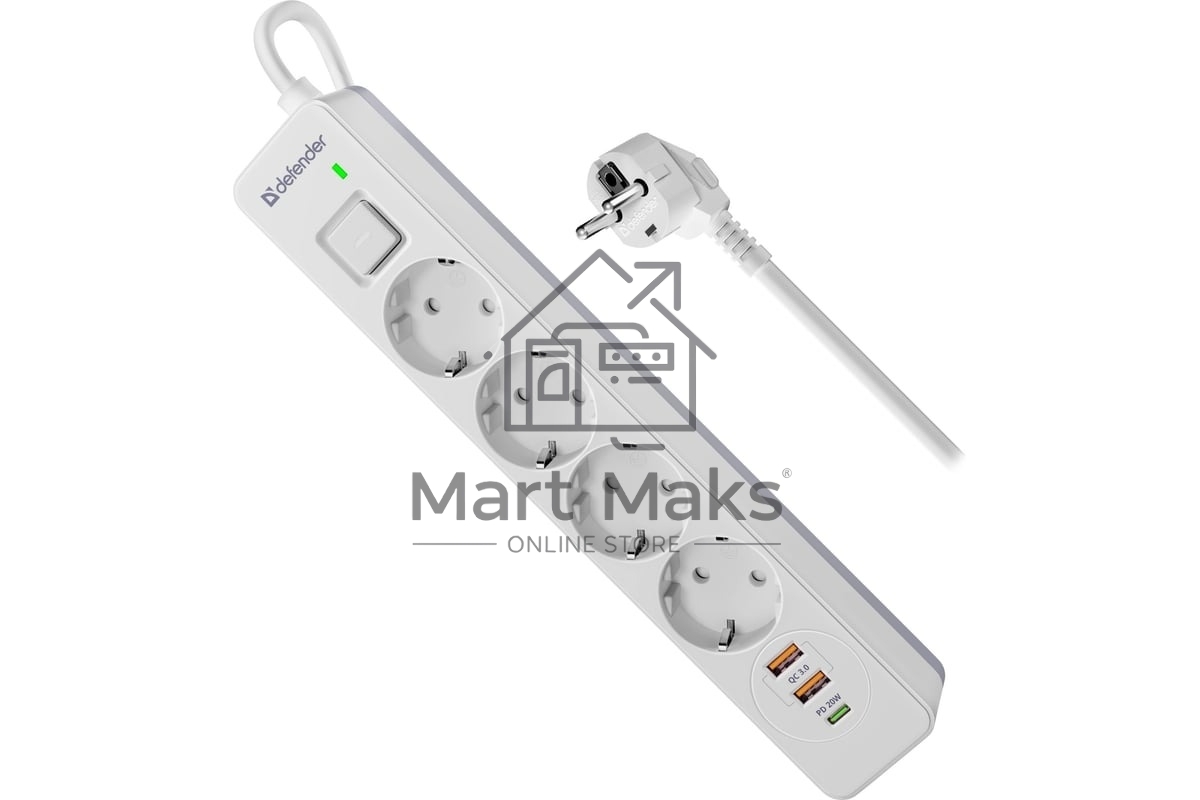 Удлинитель с сетевым фильтром Defender DFS 143, белый, 4розетки, USB+TypeC, 3 м.