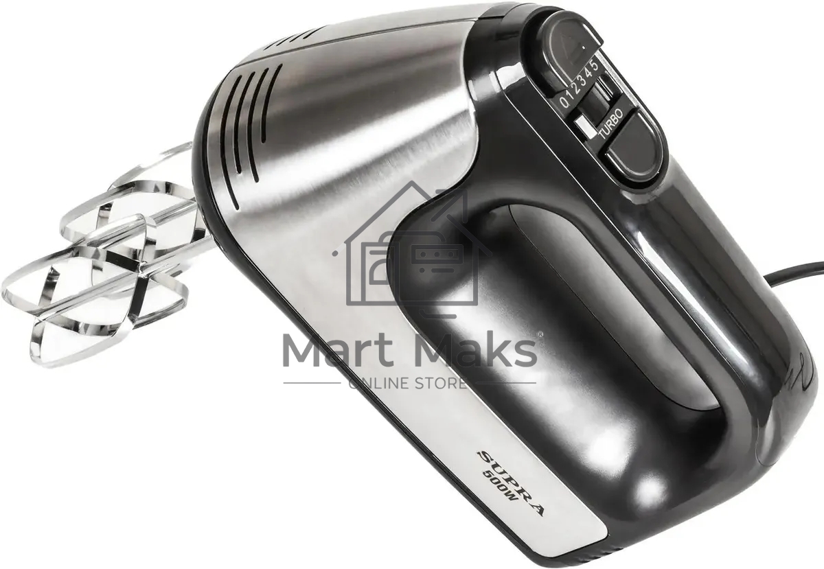Миксер SUPRA MXS-591 500 Вт, 6 скоростей, режим Турбо, насадки для взбивания яиц и крема, насадки для замеса тяжелого теста, корпус металл/пластик, черный)
