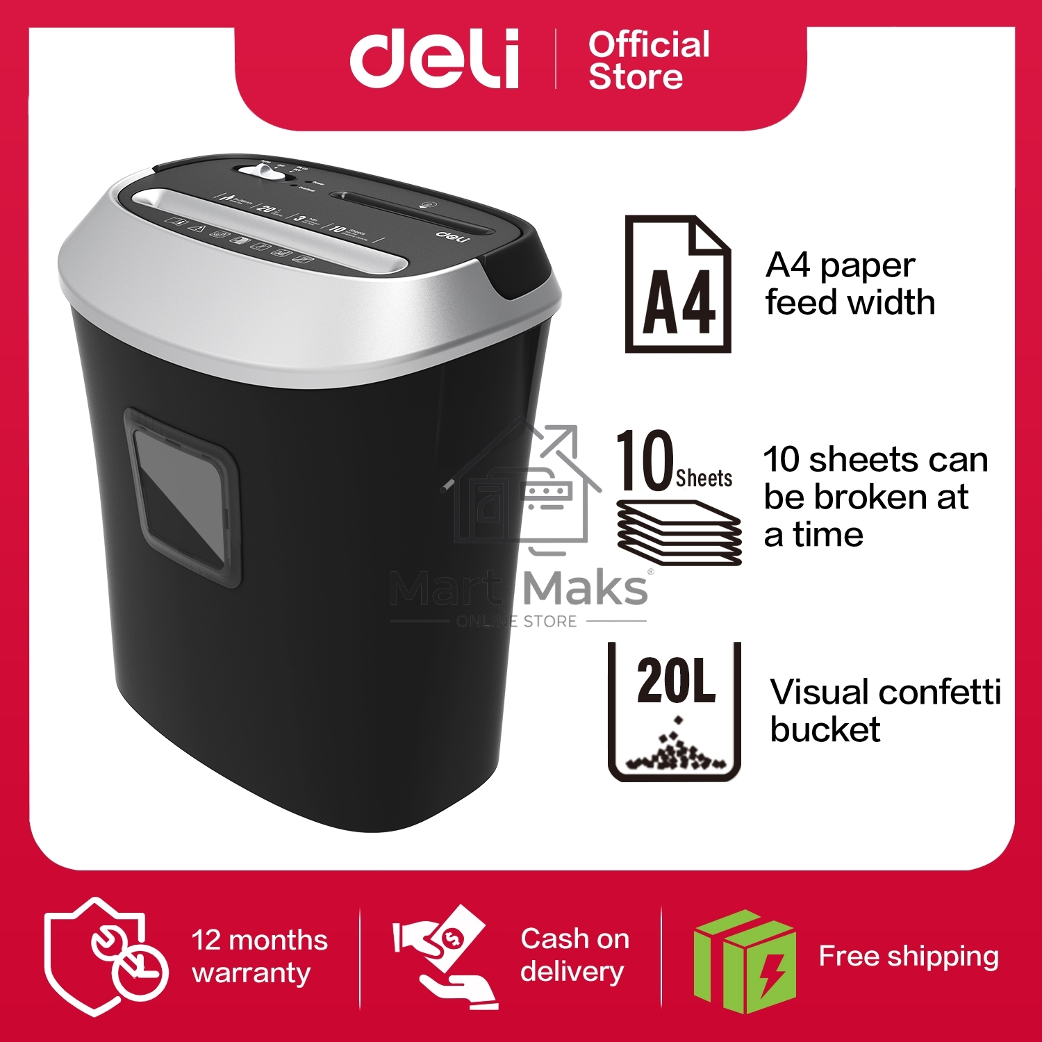 Уничтожитель бумаг Deli E9948, Shred capacity: 10 sheets; Shred size: 5*38mm; Security level: 3