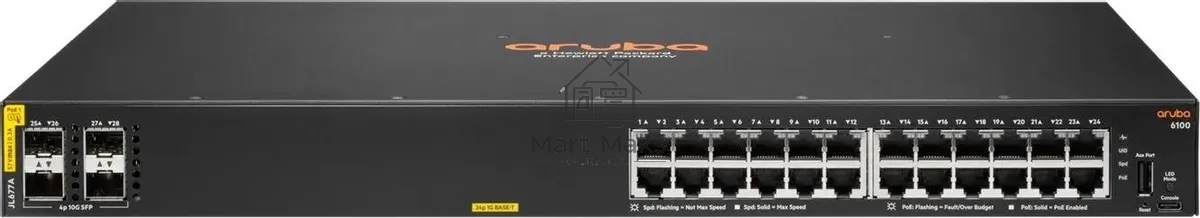 Коммутатор HPE Aruba 6100 24G CL4 4SFP+, 24×1 Гбит/с PoE+ + 4×10 Гбит/с SFP+, управляемый