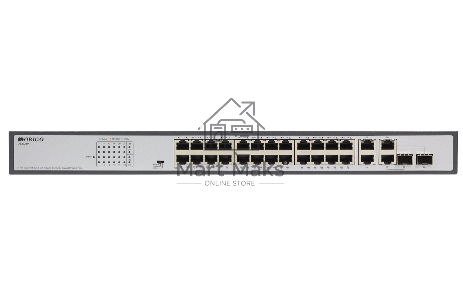 Неуправляемый PoE-коммутатор ORIGO Unmanaged Switch 26x1000Base-T (24x1000Base-T PoE), 2xCombo 1000Base-T/SFP, PoE Budget 370W, Long-range PoE up to 250m, 19