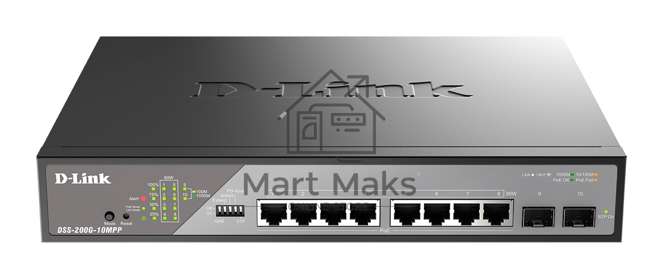Коммутатор D-Link DSS-200G-10MPP/A1A, 8×1 Гбит/с + 2×1 Гбит/с SFP, настраиваемый