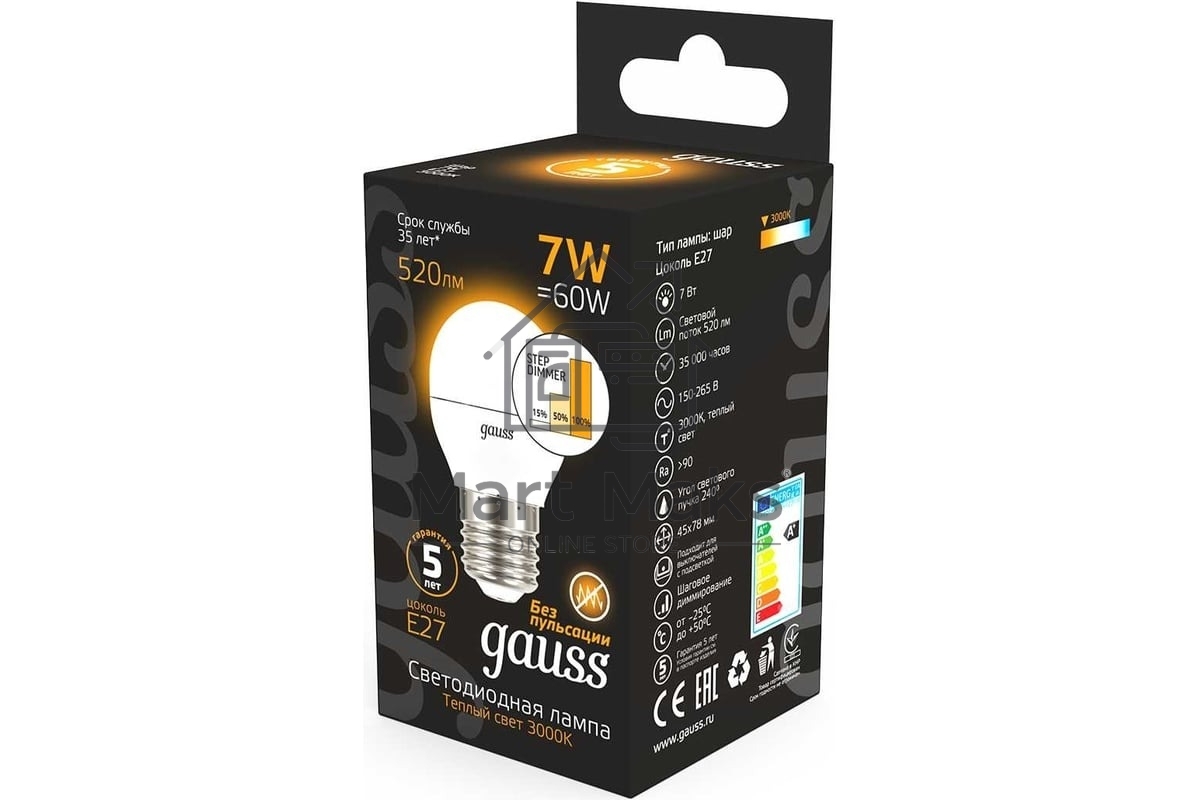Лампа светодиодная Gauss LED Globe 7Вт E27 3000К step dimmable (диммир.) 105102107-S