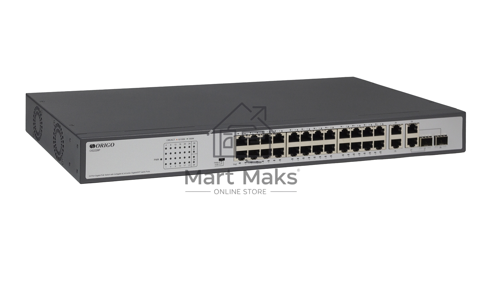 Неуправляемый PoE-коммутатор ORIGO Unmanaged Switch 26x1000Base-T (24x1000Base-T PoE), 2xCombo 1000Base-T/SFP, PoE Budget 370W, Long-range PoE up to 250m, 19