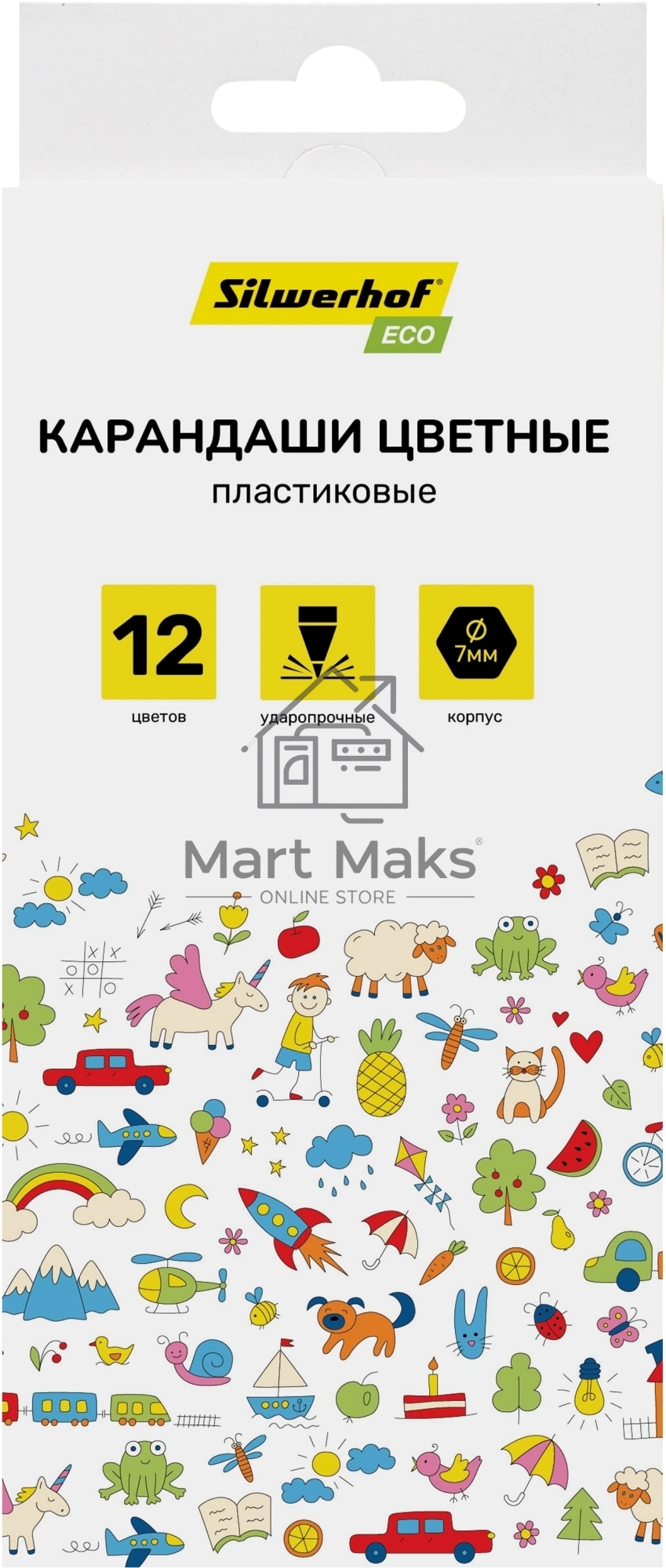 Карандаши цветные Silwerhof Eco 2.6 мм, шестигранный профиль, пластик, ассорти, 12 цветов, коробка с европодвесом