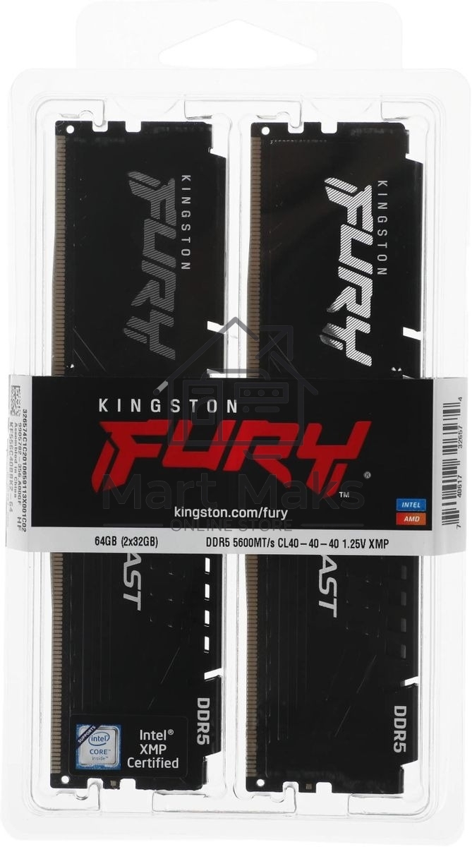 Оперативная память Kingston Fury Beast, DDR5, 64GB (2x32GB), 5600MHz, CL40, DIMM, радиатор, черный