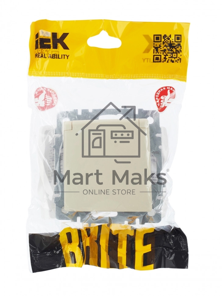 Розетка 1-местная IEK BRITE РСбш10-3-44-БрКр с заземлением, с защитными шторками и крышкой, 16А, IP44, бежевый