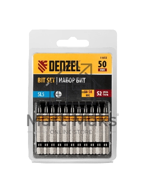 Набор бит Denzel SL5,0х50, сталь S2, шестигранный профиль, 10 шт.