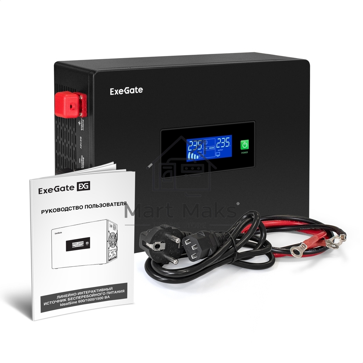 Комплект Источник бесперебойного питания EX295992RUS + батарея 45Aч EX285666RUS 1шт (инвертор, синус, для котла, PF=1, настенный) ExeGate IdealSine SR-600.LCD.2SH <600VA/600W, чистая синусоида, цветной LCD-дисплей, 2*Schuko, крепление настенное, Black> + 