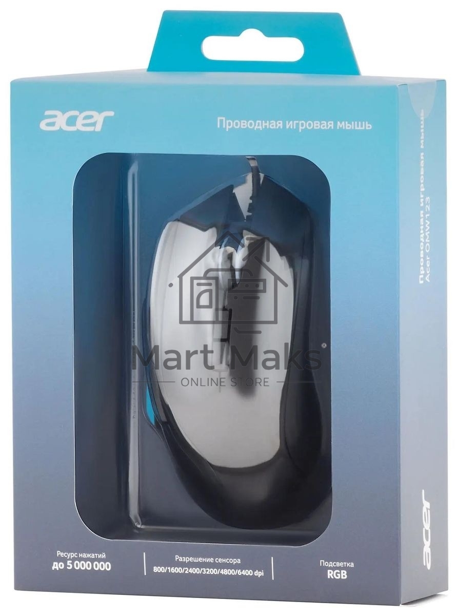 Мышь проводная Acer OMW123 черный, 6400 dpi, USB, кнопки - 8