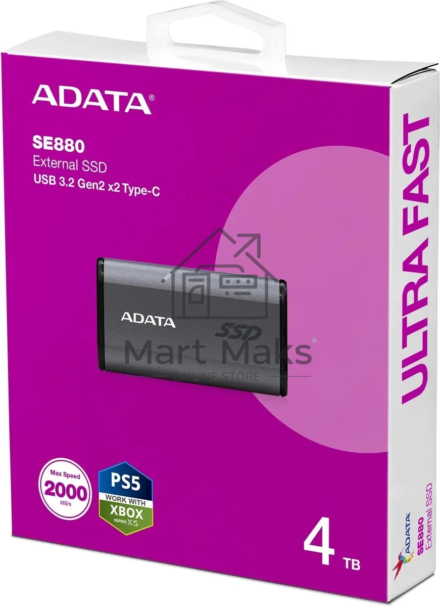 Внешний SSD ADATA Elite SE880, 4TB, USB 3.2 Gen 2x2 Type-C, R/W 2000/2000, серый