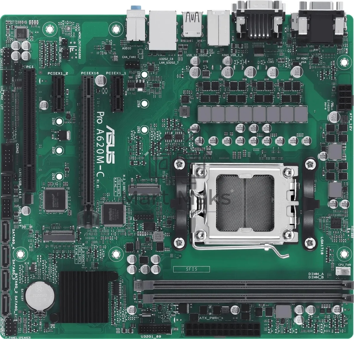 Материнская плата ASUS Pro A620M-C-CSM, AM5, AMD A620, 2xDDR5, 4xSATA, 2xM.2 PCIe 4.0 x4, 1xPCIe 4.0 x16, 2xPCIe x1, 1xRJ45 1GbE, 1xUSB 3.2 Gen 2, 3xUSB 2.0, 1xUSB-C 3.2 Gen 2, 1xDVI-D, 1xDP, 1xHDMI, 1xVGA, 3x3.5 мм, 7.1, mATX