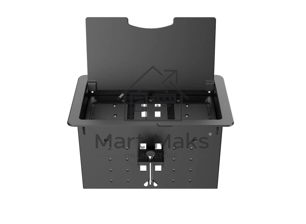 Прямоугольный металлический корпус Wize Pro WRTS-12BOX-B для модульной системы врезного лючка в стол с откидывающейся крышкой, до12 модулей-вставок, беспроводная зарядка 10Вт для моб.устройств на крышке, преустановленная рамка,черный