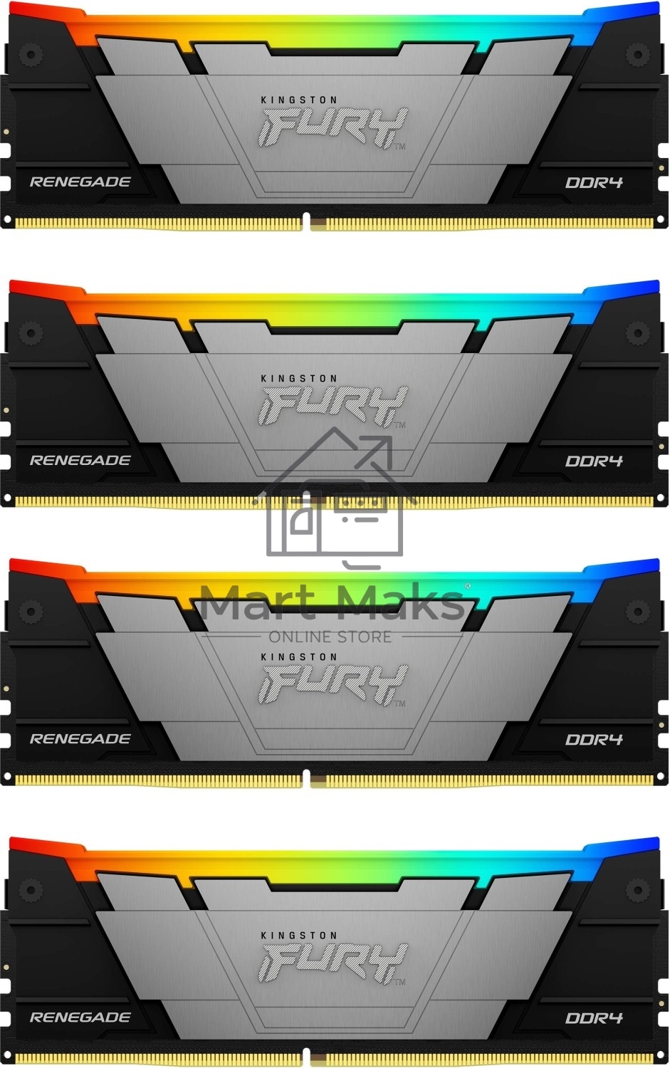 Оперативная память Kingston Fury Renegade, DDR4, 32GB (4x8GB), 3200MHz, CL16, DIMM, с радиаторами, RGB, серебристый/черный