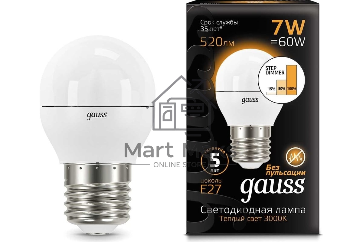 Лампа светодиодная Gauss LED Globe 7Вт E27 3000К step dimmable (диммир.) 105102107-S