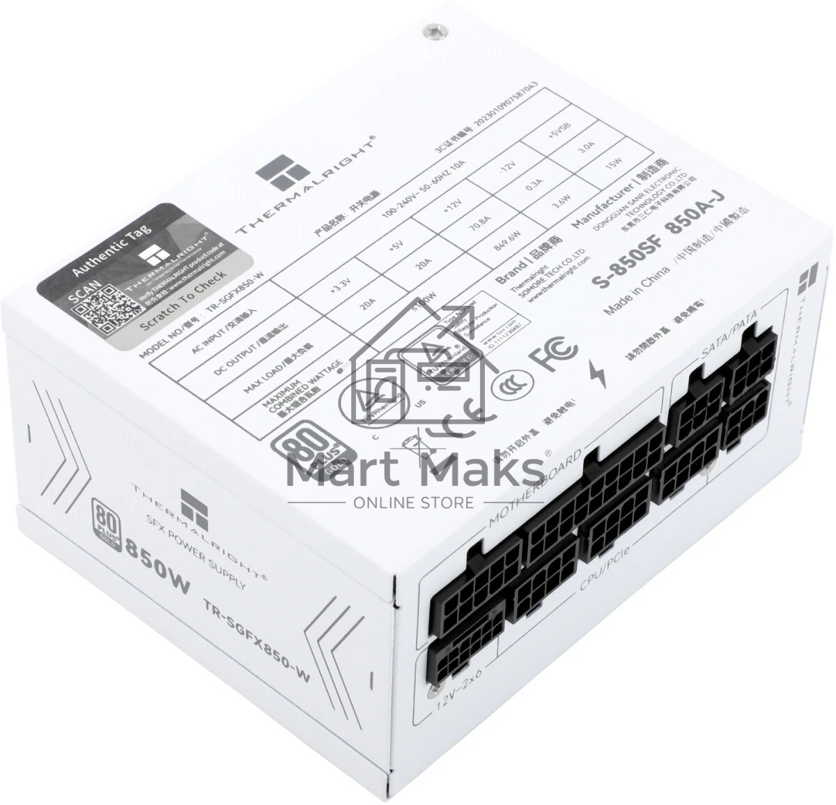 Блок питания Thermalright, 850W 80+ Gold (SFX, 3.1, PCIe 5.1, Full modular, 1x24(20+4)pin, 1xCPU 8(4+4)pin, 2xPCIe*2 8(6+2)pin, 1x12VHPWR PCIe 5.1 12+4pin 600mm, 3xSATA3, 3xMOLEX4pin, Active, 92x92mm, 100x125x64mm, APFC, OPP, OVP, OTP, OCP, SCP, UVP, whit