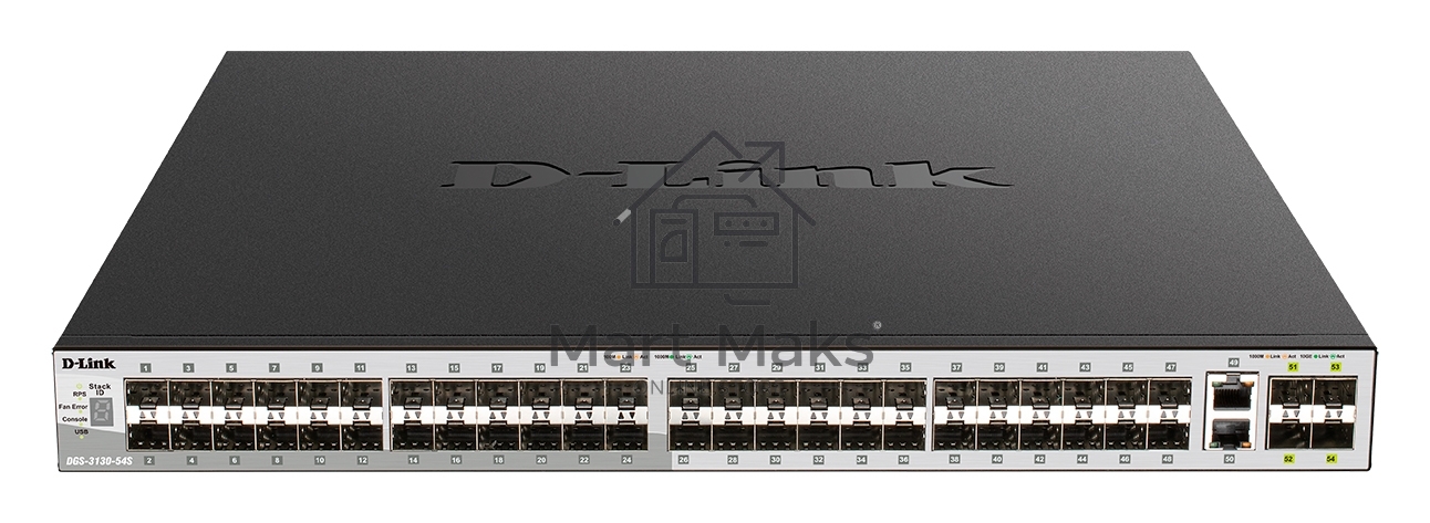 Коммутатор D-Link DGS-3130-54S/B1A, 48×1 Гбит/с SFP + 2×10 Гбит/с Base-T + 4×10 Гбит/с SFP+, управляемый