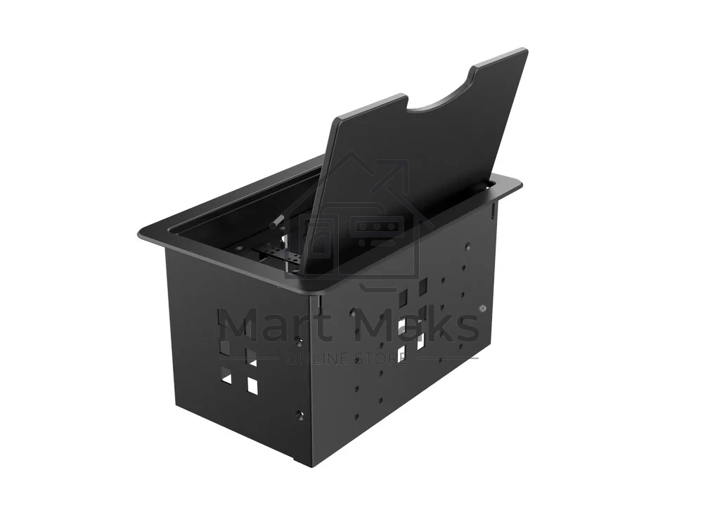Прямоугольный металлический корпус Wize Pro WRTS-12BOX-B для модульной системы врезного лючка в стол с откидывающейся крышкой, до12 модулей-вставок, беспроводная зарядка 10Вт для моб.устройств на крышке, преустановленная рамка,черный