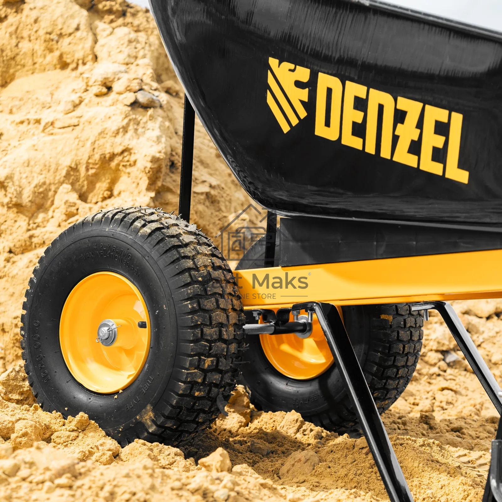 Тачка строительная Denzel усиленная, объем 140 л, 250 кг, двухколесная, колесо 15х6.00-6