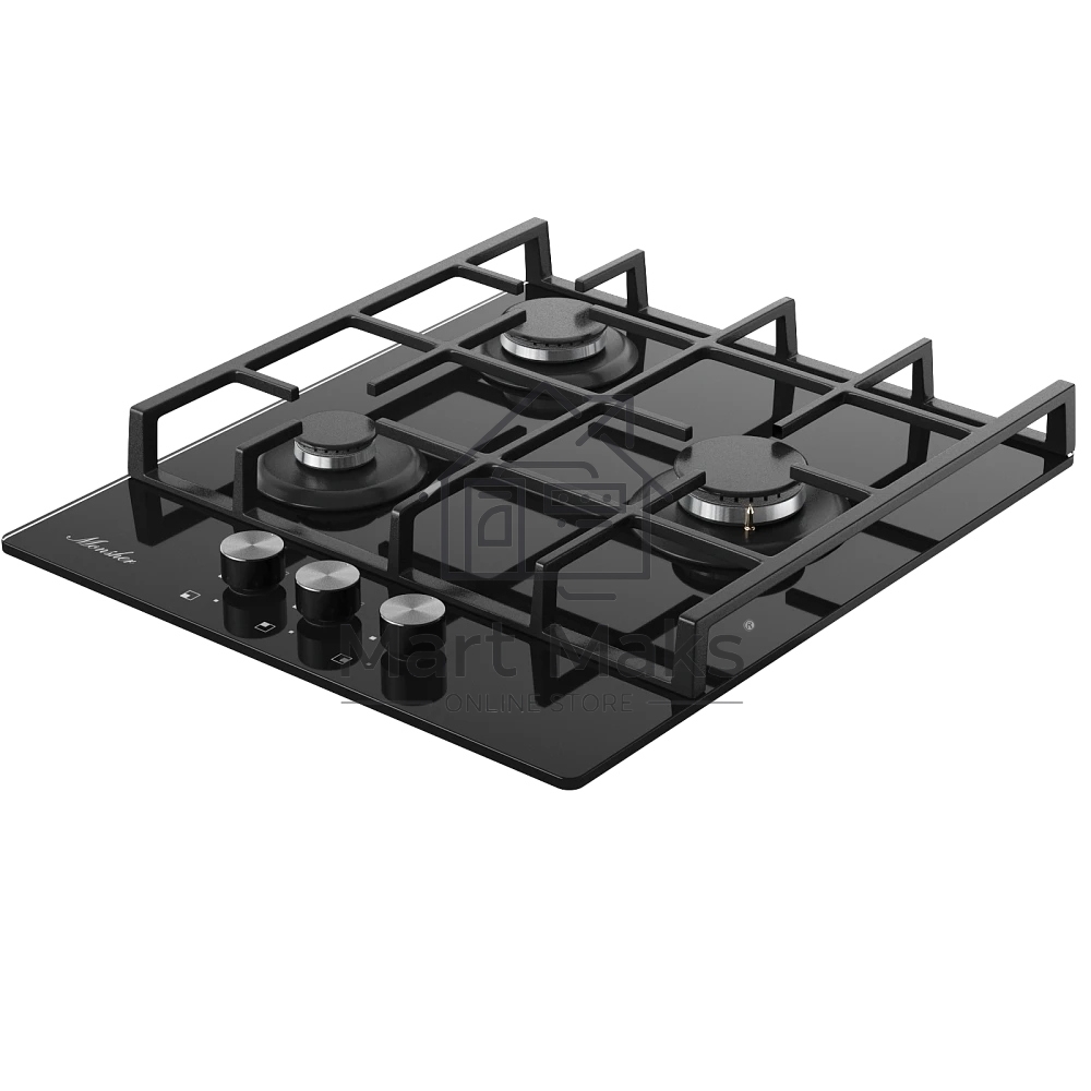 Варочная поверхность MONSHER MGG 42 Noir, High-Tech, газ, 45 см, газ-контроль, автоматический электроподжиг, чугунные решетки, форсунки под сжиженый газ, конфорки SABAF, поворотные переключатели, цвет черный