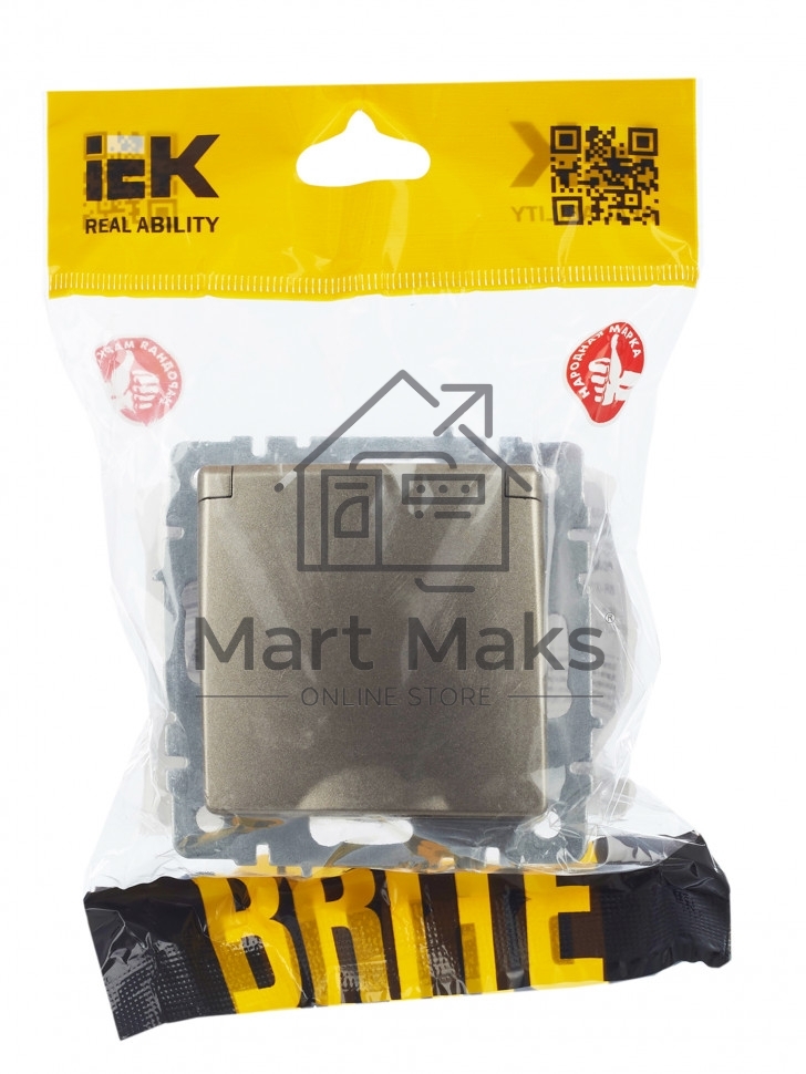 Розетка 1-местная IEK BRITE РСбш10-3-44-БрШ с заземлением, с защитными шторками и крышкой, 16А, IP44, шампань