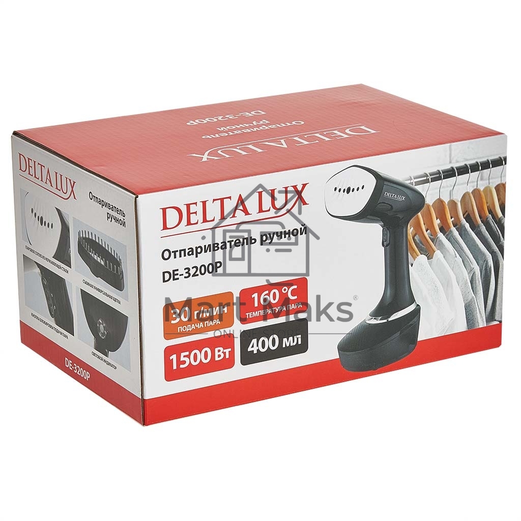 Отпариватель Delta LUX DE-3200P черный, 1500 Вт, 30 г/мин, 400 мл