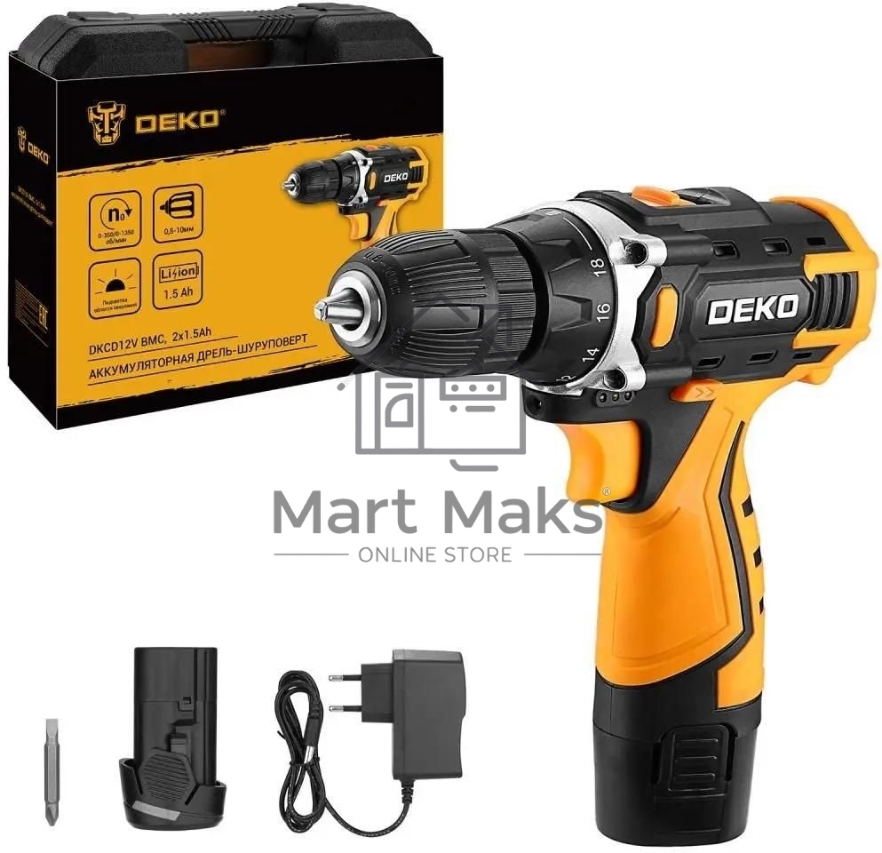Дрель-шуруповерт Deko DKCD12V, 12 В, 1,5 Ач, 32 Нм, щеточный