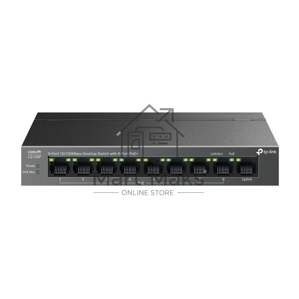 Коммутатор настольный TP-Link LS109P с 9 портами 10/100 Мбит/с (8 портов PoE+)