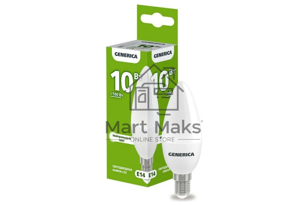 Лампа светодиодная GENERICA LL-C35-10-230-40-E14-G C35 10 Вт свеча 4000К E14 230В