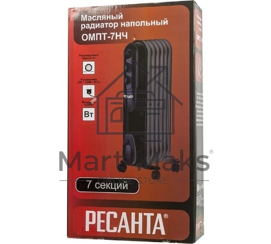 Масляный обогреватель Ресанта ОМПТ-7НЧ (7 секций) черный, 1500 Вт, 15 м2, термостат 67/3/13