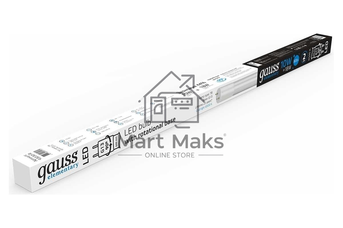 Лампа светодиодная Gauss Elementary T8 10Вт 6500К G13 800лм 600мм стекло поворотная 93030-R