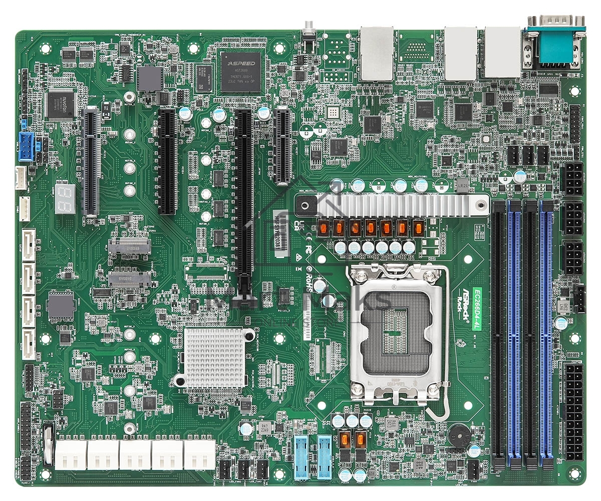 Материнская плата серверная ASRock EC266D4-4L, LGA1700, Intel C266, 4xDDR5 (ECC), 14xSATA, 2xM.2, 1xPCIe 5.0 x16, 1xPCIe 5.0 x8, 1xPCIe 4.0 x4, 1xVGA, 5x1Gb LAN (вкл. IPMI), 2xUSB-A 5Gbps, 1xCOM, ATX