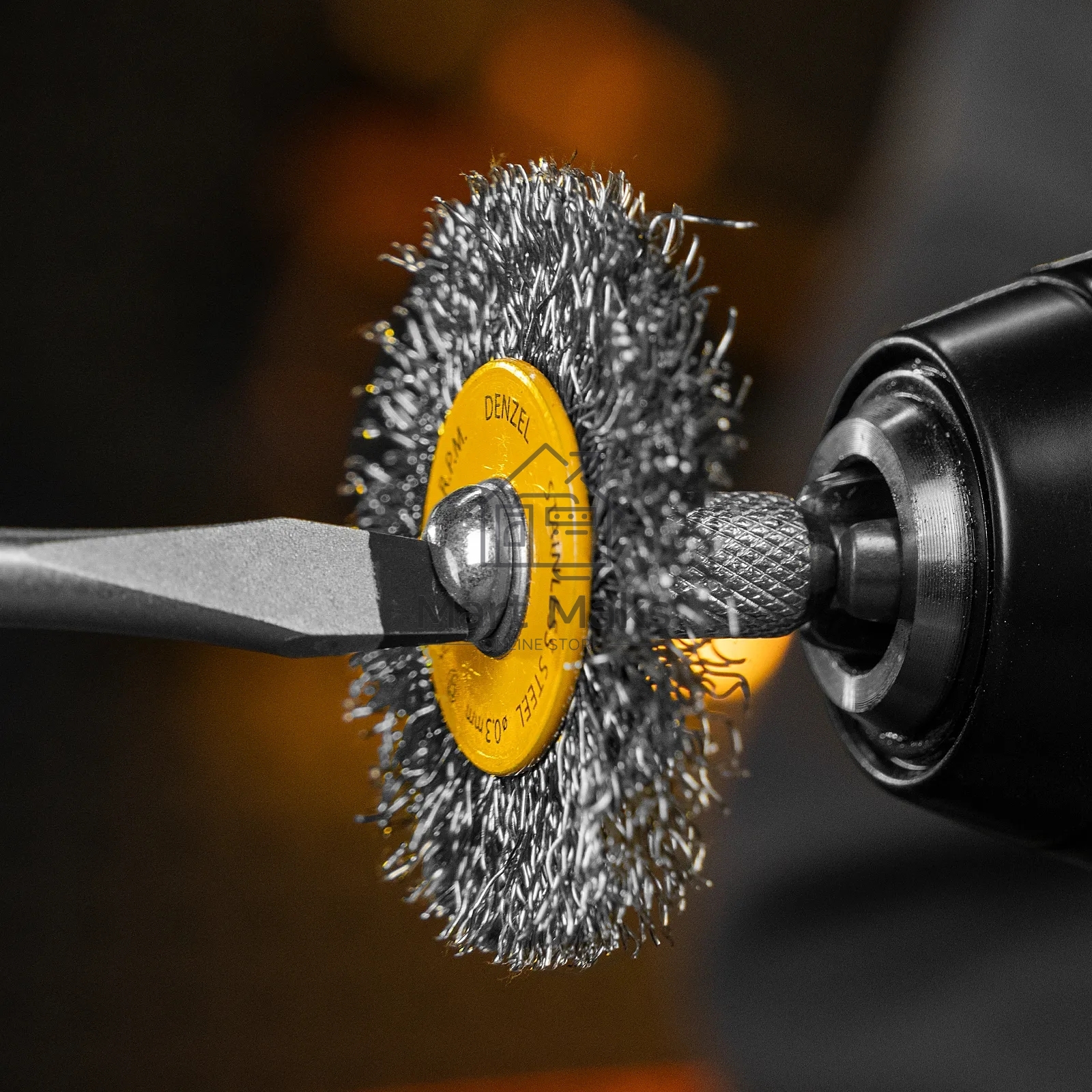 Набор щеток для дрели Denzel 5 Плоских 25-38-50-63-75 мм, шпилька, нерж. вит. проволока