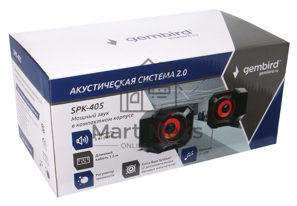 Акустическая система 2.0 Gembird SPK-405, пассив. излучатели, черный, 5 Вт, рег. громкости USB-питание