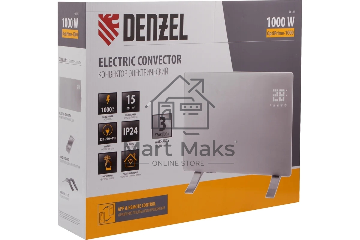 Конвектор Denzel OptiPrime-1000 белый, 1000 Вт, 15 м2, термостат, дисплей, WiFi