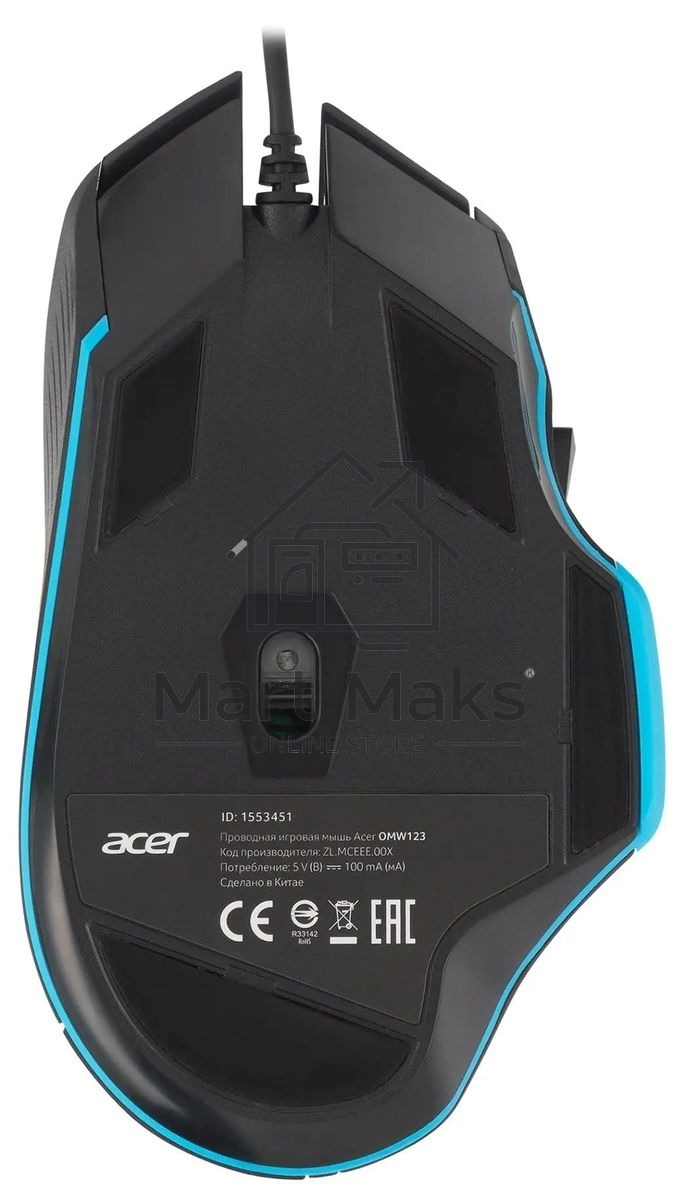 Мышь проводная Acer OMW123 черный, 6400 dpi, USB, кнопки - 8