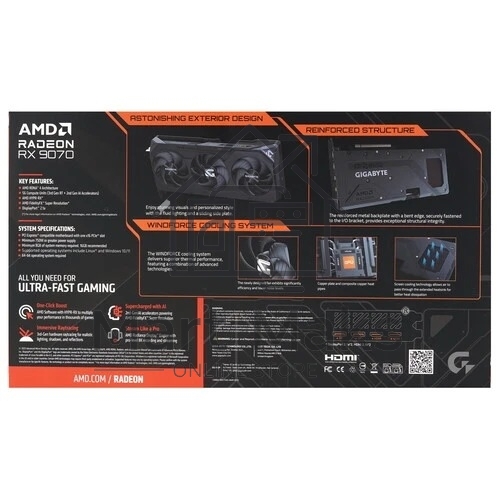 Видеокарта Gigabyte AMD Radeon RX 9070 GAMING OC, PCIe 5.0 16GB GDDR6, 256 bit, 3 x DisplayPort, HDM, GPU 2070 MHz (GV-R9070GAMING OC-16GD)