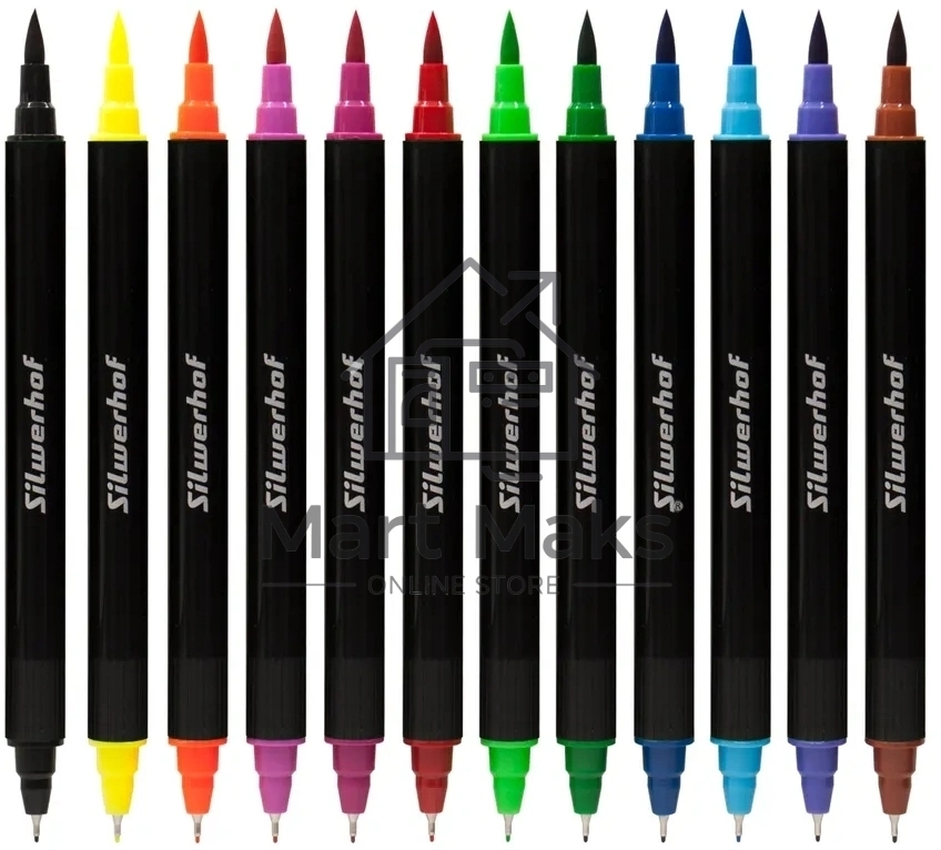 Фломастеры для скетчинга Silwerhof Create 11.5мм 169мм двойной пишущий наконечник, вентилируемый колпачок, 12 цветов, пакет с европодвесом