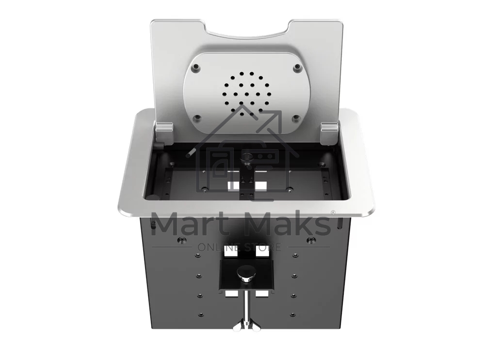 Прямоугольный металлический корпус Wize Pro WRTS-06BOXQI-S для модульной системы врезного лючка в стол с откидывающейся крышкой,до 6 модулей-вставок, беспроводная зарядка 10Вт для моб. устройств на крышке, преустановленная рамка,серебр