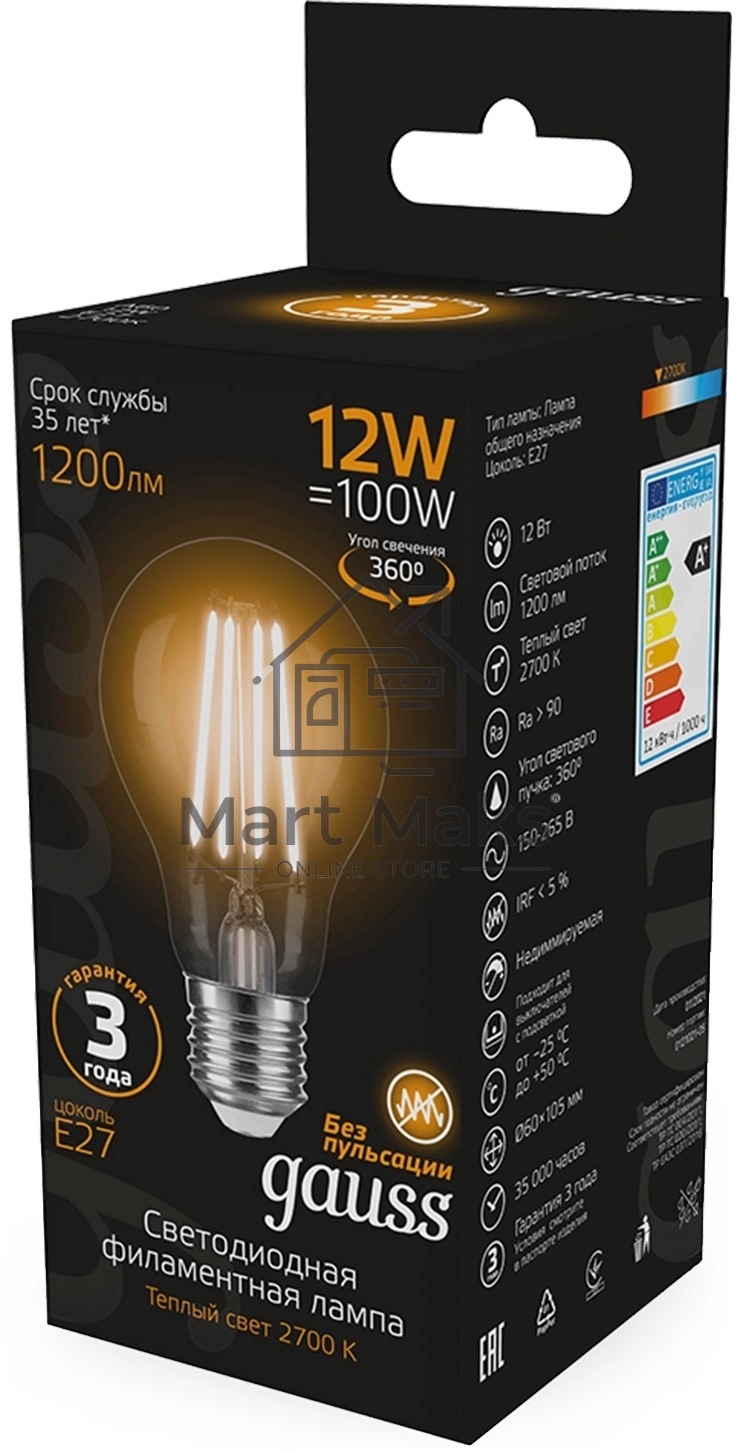 Лампа светодиодная Gauss Filament 102902112 12Вт цок.:E27 груша 185B св.свеч.бел.теп. грушевидная (упак.:10шт)