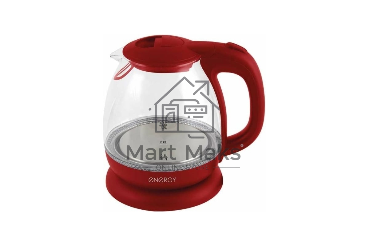 Чайник электрический Energy E-296 1л, стекло/пластик, красный,1100 Вт