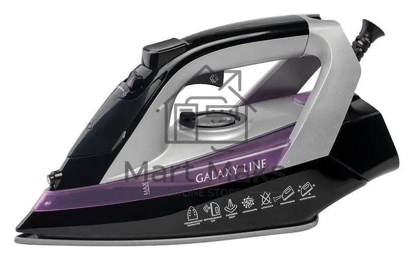Утюг Galaxy Line GL 6128, фиолетовый с черным, паровой, 2200 Вт, постоянный пар 30 г/мин, паровой удар 140 г/мин, функции: самоочистка, антикапля, антинакипь, функция увлажнения, вертикальное отпаривание, защита от перегрева, индикатор нагрева, керамическ