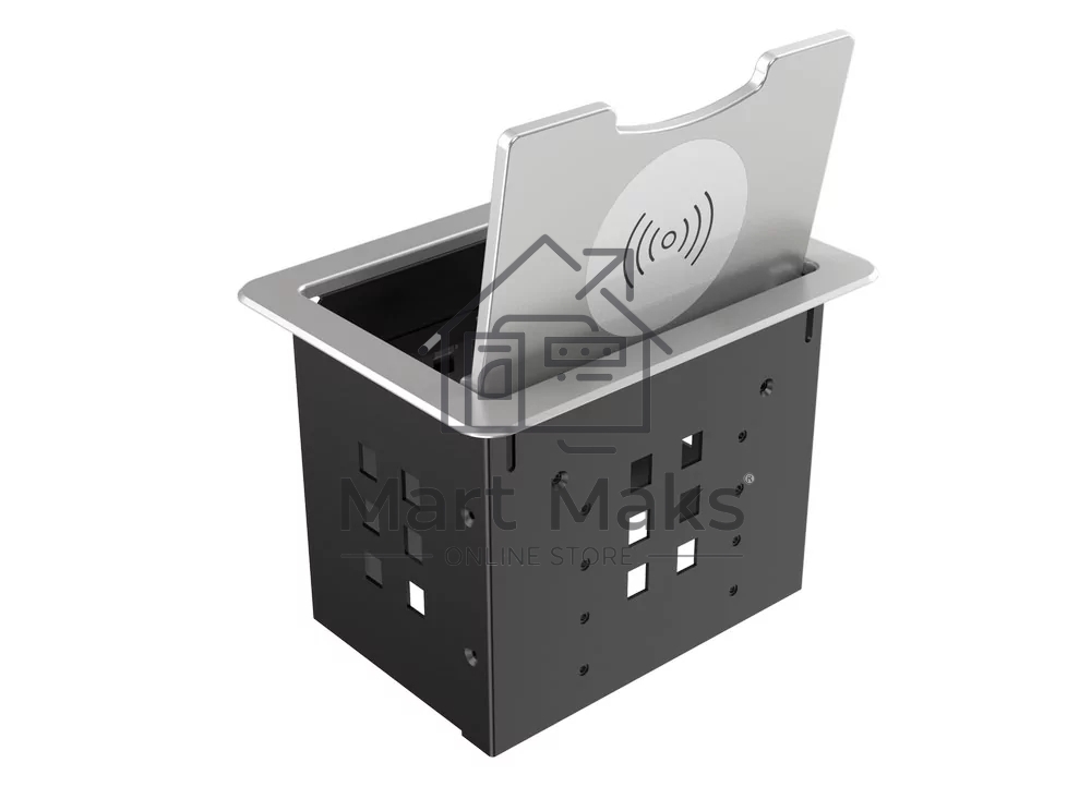 Прямоугольный металлический корпус Wize Pro WRTS-06BOXQI-S для модульной системы врезного лючка в стол с откидывающейся крышкой,до 6 модулей-вставок, беспроводная зарядка 10Вт для моб. устройств на крышке, преустановленная рамка,серебр