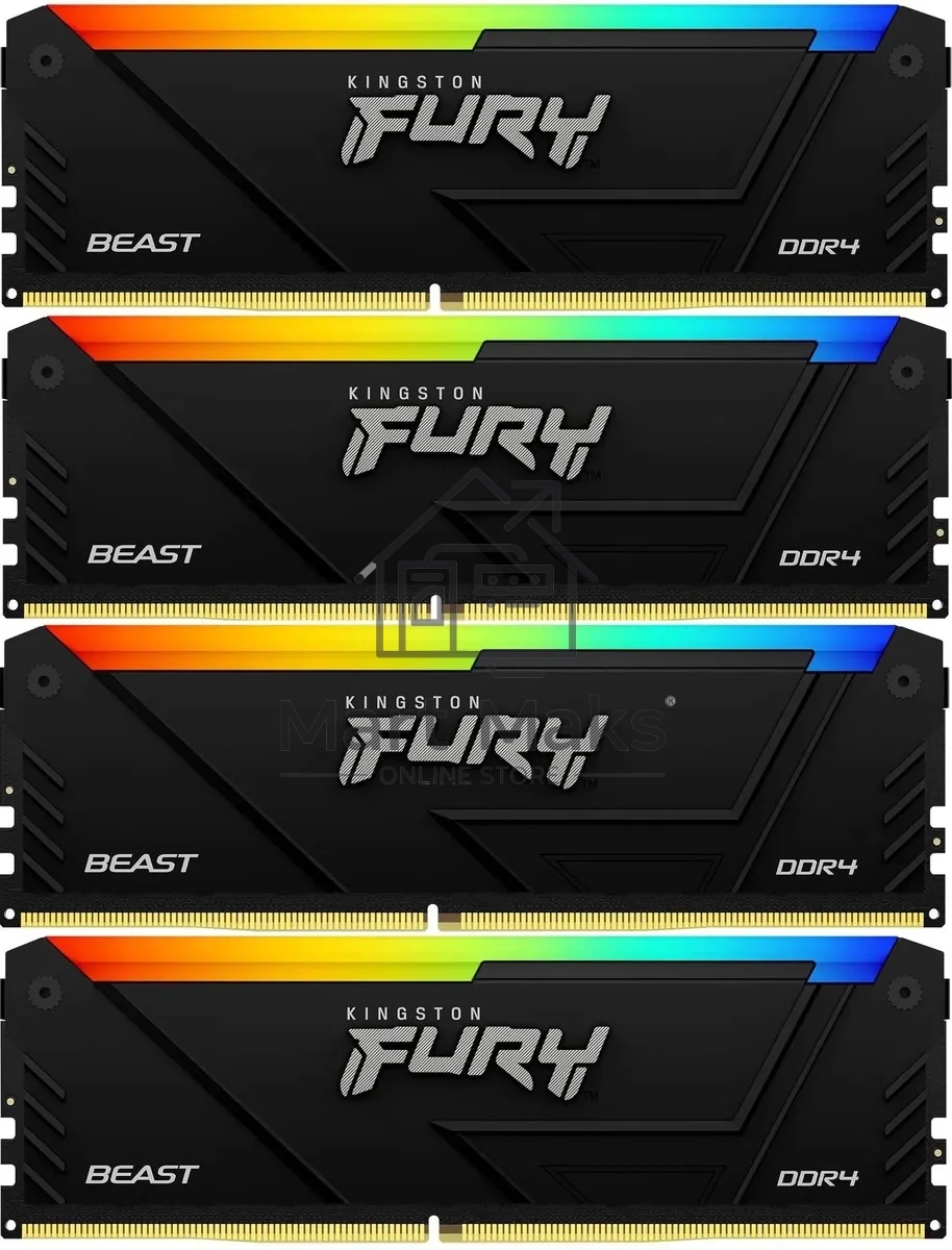 Оперативная память Kingston Fury Beast, DDR4, 32GB (4x8GB), 3200MHz, CL16, DIMM, с радиатором, RGB, черный