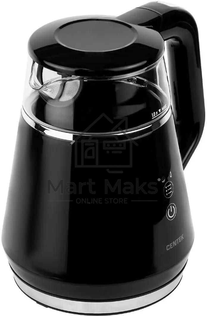 Чайник Centek CT-0019, 1100Вт стекло, черный и серебристый