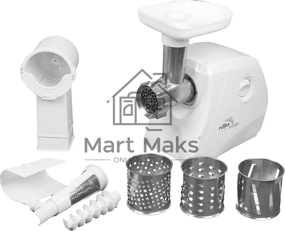 Мясорубка электрическая Ротор ЭМШ 35/250-3 белый, 1500 Вт, 0.6 кг/мин, реверс, защита от перегрузки, насадки - 4