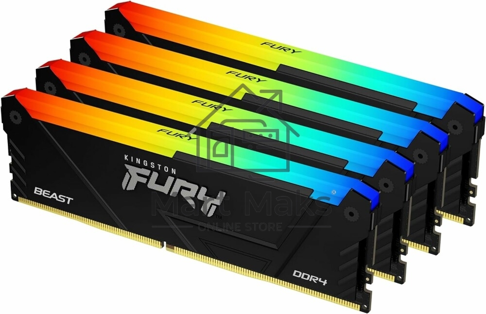 Оперативная память Kingston Fury Beast, DDR4, 32GB (4x8GB), 3200MHz, CL16, DIMM, с радиатором, RGB, черный