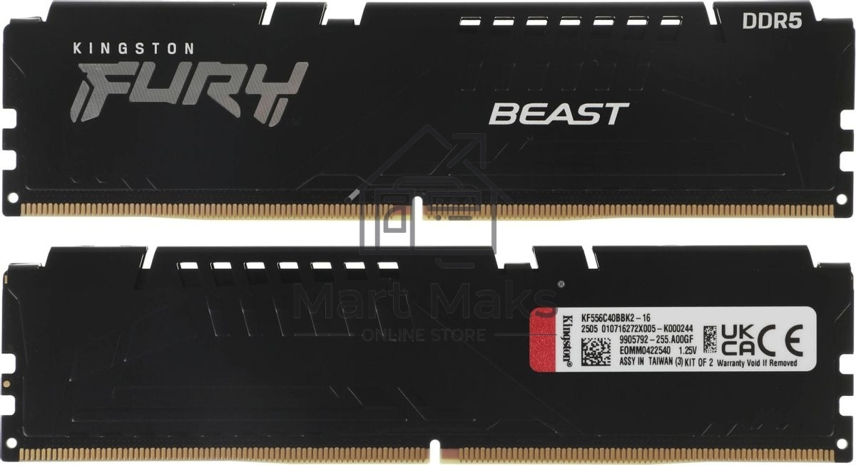 Оперативная память Kingston Fury Beast, DDR5, 16GB (2x8GB), 5600MHz, CL40, DIMM, с радиаторами, черный