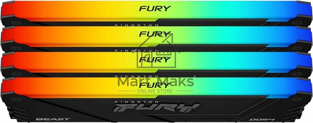 Оперативная память Kingston Fury Beast, DDR4, 32GB (4x8GB), 3200MHz, CL16, DIMM, с радиатором, RGB, черный