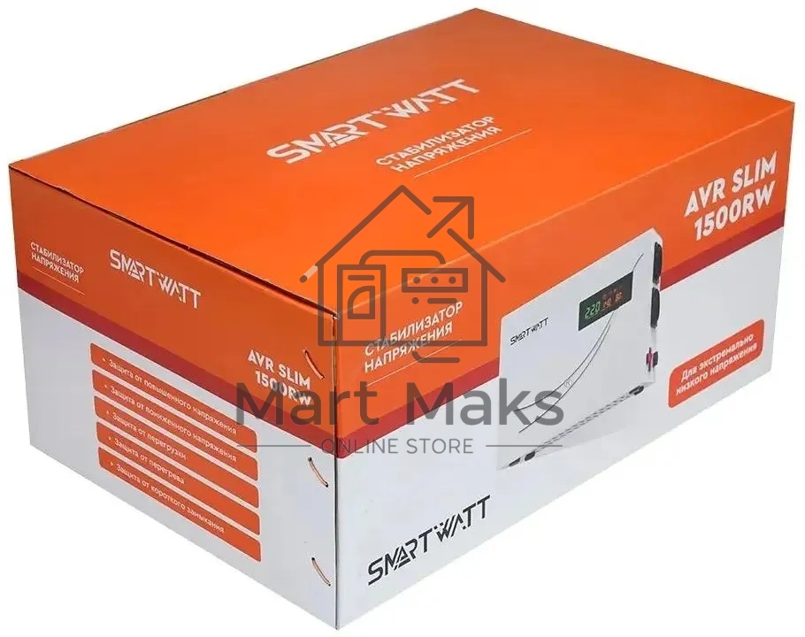 Настенный стабилизатор напряжения SMARTWATT AVR SLIM 1500RW (100W - 260W, 1500VA, 1.5 кВт, 50 Гц, розеток - 2, LED-диспл